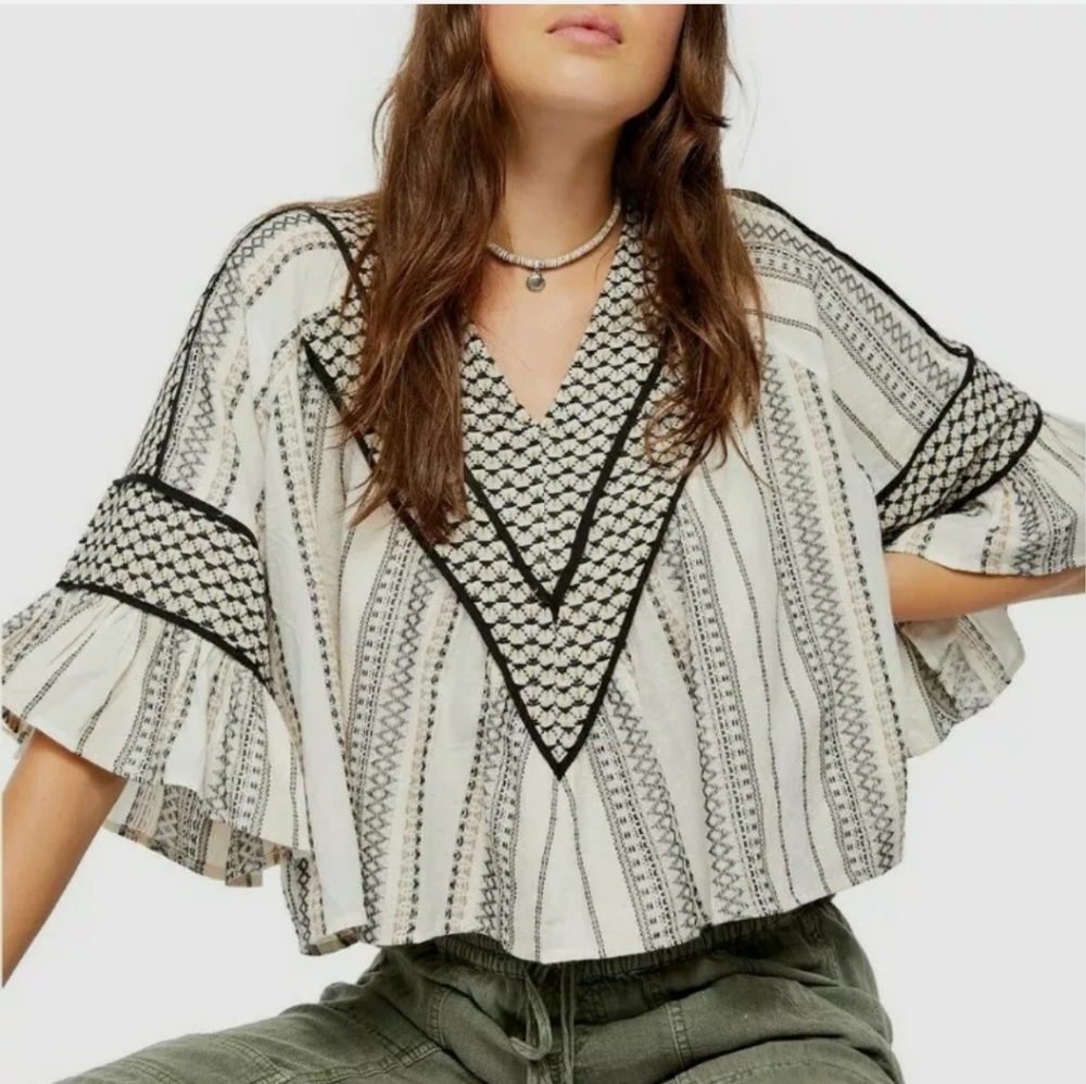 Free People Boho embroidered Runnin On A Dream Top Blouse Size S Ivory Black